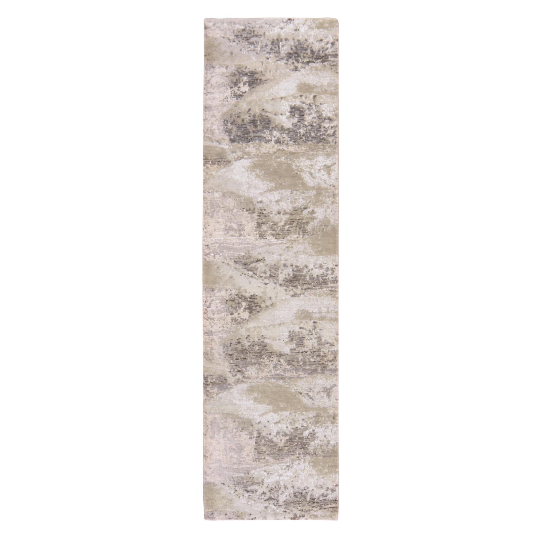 2'8"x9'10" Ivory with Earth Tone Colors, Modern Abstract Design, Wool and Silk, Hand Knotted, Runner, Oriental Rug 